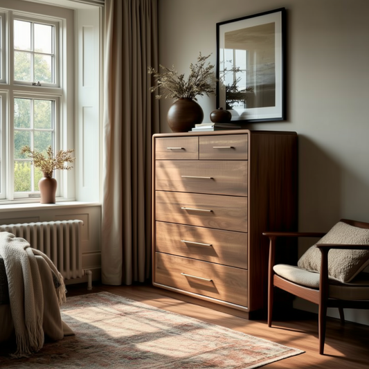 A sunlit bedroom showcases The Eleanor Chest of Drawers topped with vases and framed art, a cushioned wooden chair, textured bedding on the bed, and large windows with beige curtains for a warm, cozy ambiance.