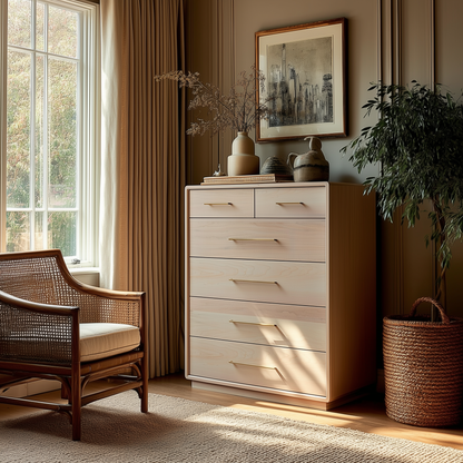 A sunlit room with The Eleanor Chest of Drawers, a rattan armchair, large potted plant, woven basket, and framed art. Neutral tones and soft light create a cozy, inviting atmosphere.
