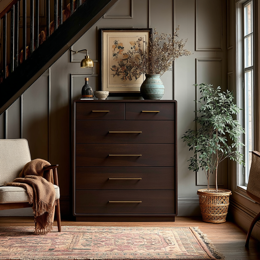 A cozy corner beneath the stairs features The Eleanor Chest of Drawers in dark wood, framed art, vases with dried flowers, a potted plant, a beige armchair with a brown throw, and a patterned rug on the floor.