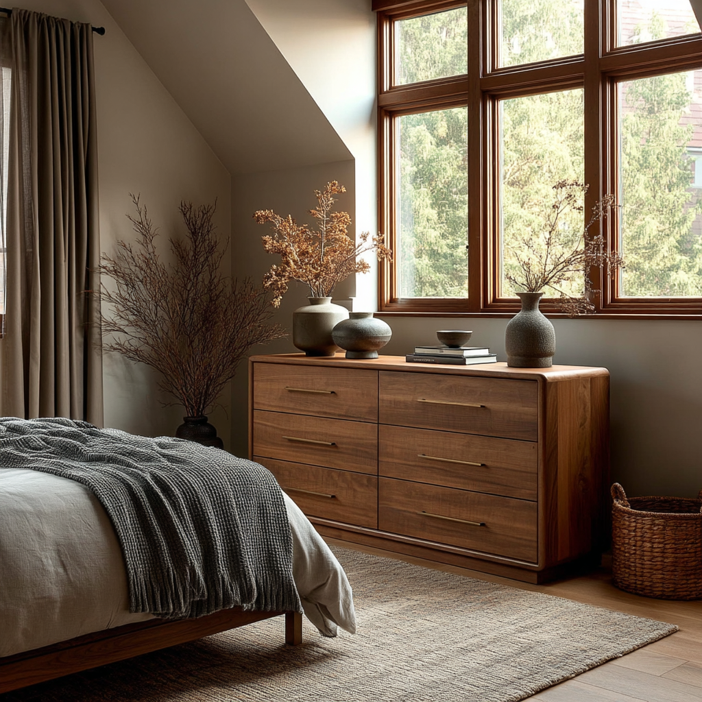 A cozy bedroom features The Eleanor 6-Drawer Dresser, neutral decor, vases with dried branches, a basket, large windows, and a bed with gray bedding bathed in sunlight for a warm and inviting feel.