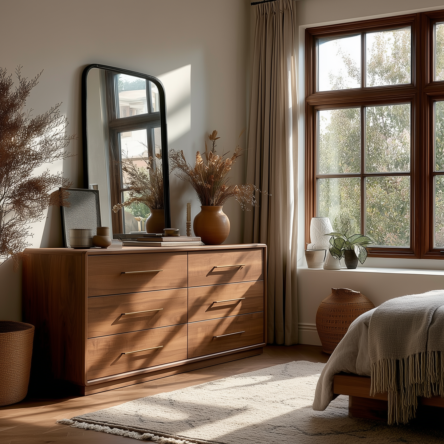A sunlit bedroom features The Eleanor 6-Drawer Dresser topped with vases, decor, and a large mirror. Beige curtains frame the window, while dried plants and natural textures add to the cozy, minimalist vibe.