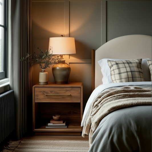 A cozy bedroom showcases The Eleanor 1-Drawer Nightstand with a lamp, vase, and books beside a bed with a curved headboard, plaid pillows, and knit blanket—all aglow in warm natural light from a nearby window.
