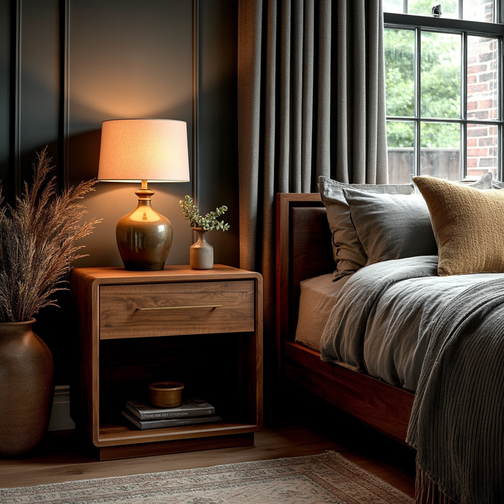 A cozy bedroom with The Eleanor 1-Drawer Nightstand holding a ceramic lamp, a vase of greenery, and a book. The bed features gray bedding and gold pillows, next to a large window dressed in gray curtains.