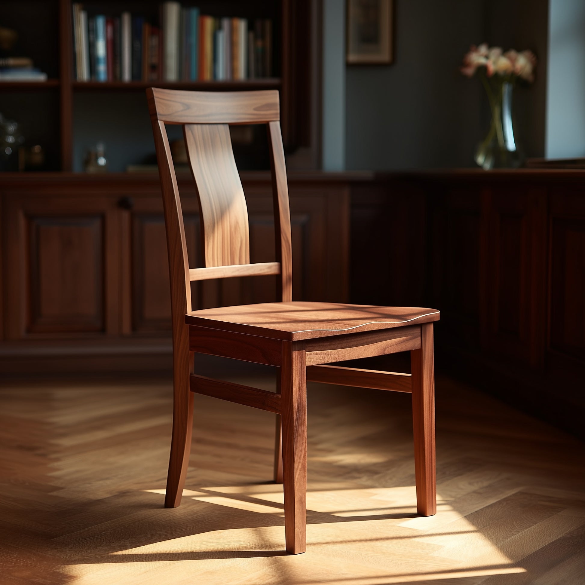 The Tristan Chair, handcrafted from solid USA walnut with a curved backrest, stands on a polished wooden floor in a warmly lit room featuring bookshelves and a vase of flowers in the background.
