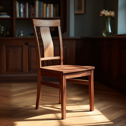 The Tristan Chair, handcrafted from solid USA walnut with a curved backrest, stands on a polished wooden floor in a warmly lit room featuring bookshelves and a vase of flowers in the background.