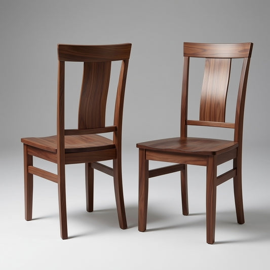 Two wooden solid walnut usa handcrafted custom chairs on a gray background