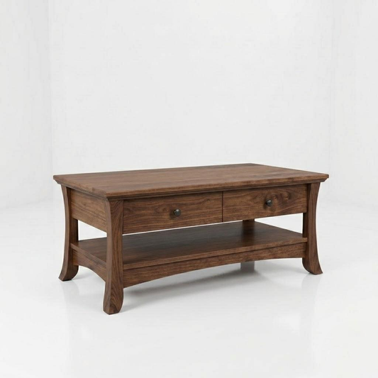 Introducing The Veris Rectangle Coffee Table: a handcrafted solid wood piece featuring two drawers, elegantly curved legs, and a spacious lower shelf. Set against a plain white background, this table is expertly built by American craftsmen and finished with a durable top coat to ensure lasting beauty and resilience.
