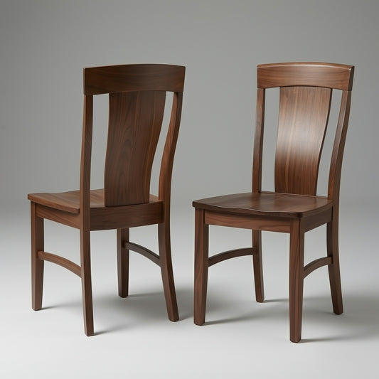Two wooden solid walnut handcafted usa made custom chairs on a gray background