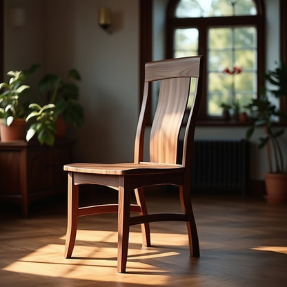 The Watson Chair, a handcrafted solid walnut piece with a tall backrest, sits in a sunlit room with wood floors, potted plants, and large windows—premium hardwood furniture made in the USA.