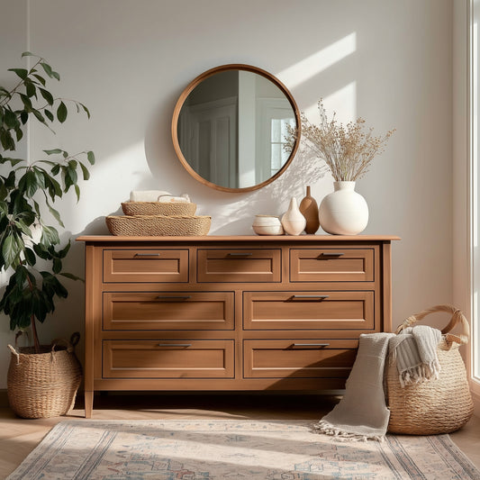 The Westcott 7-Drawer Dresser stands against a white wall, topped with vases, baskets, and dried plants. A round mirror hangs above it, while woven baskets, a blanket, and a potted plant surround the dresser as sunlight streams in.