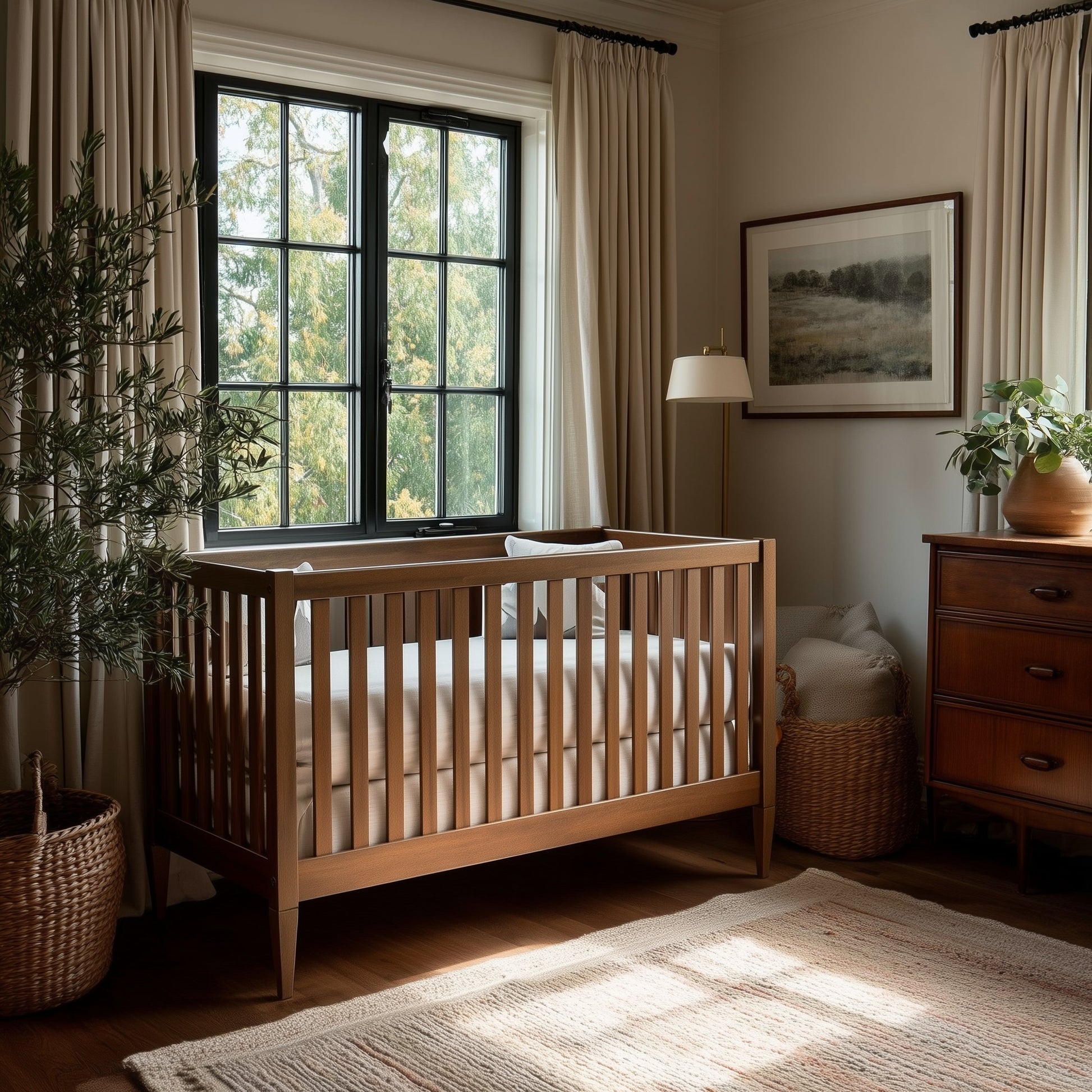 A cozy nursery features The Westcott Crib, beige bedding, a dresser, wicker basket, potted plants, a rug, and a large window with light curtains allowing natural light in. A framed landscape artwork decorates the wall.