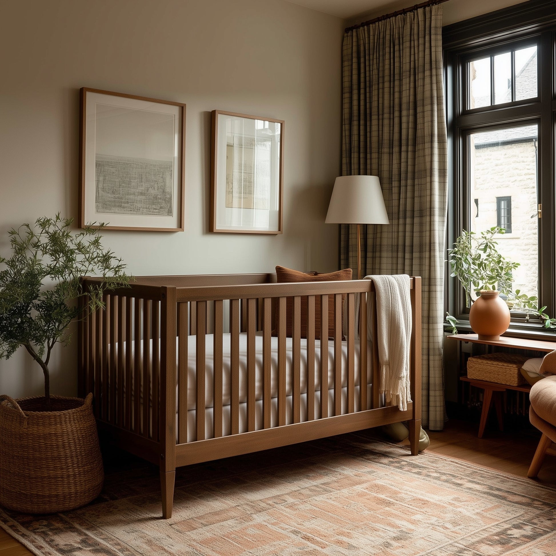 A cozy nursery features The Westcott Crib, neutral bedding, framed wall art, plaid curtains, a floor lamp, potted plants, a woven basket, and a patterned rug in soft earthy tones. Sunlight gently filters through the window.