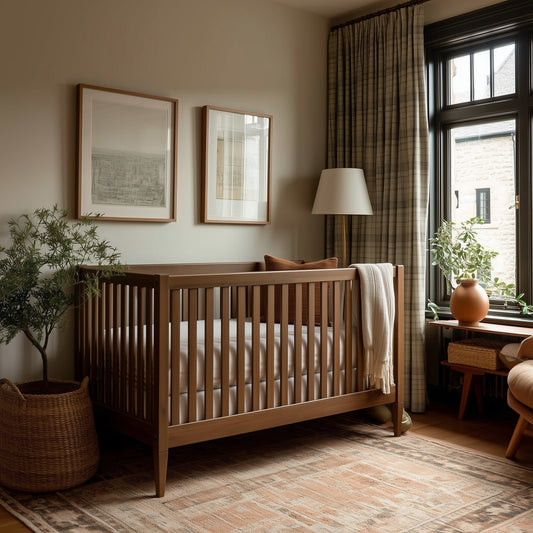 A cozy nursery features The Westcott Crib, neutral bedding, framed wall art, plaid curtains, a floor lamp, potted plants, a woven basket, and a patterned rug in soft earthy tones. Sunlight gently filters through the window.