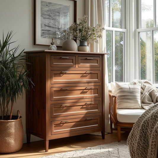 Wooden dresser in a room with a window, plant, and chair.