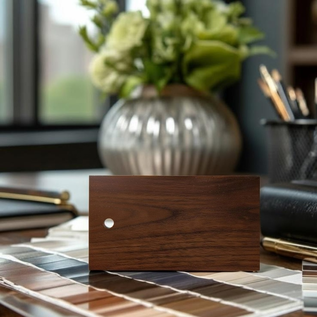 A medium tone walnut wood swatch sample on an interior designers desk
