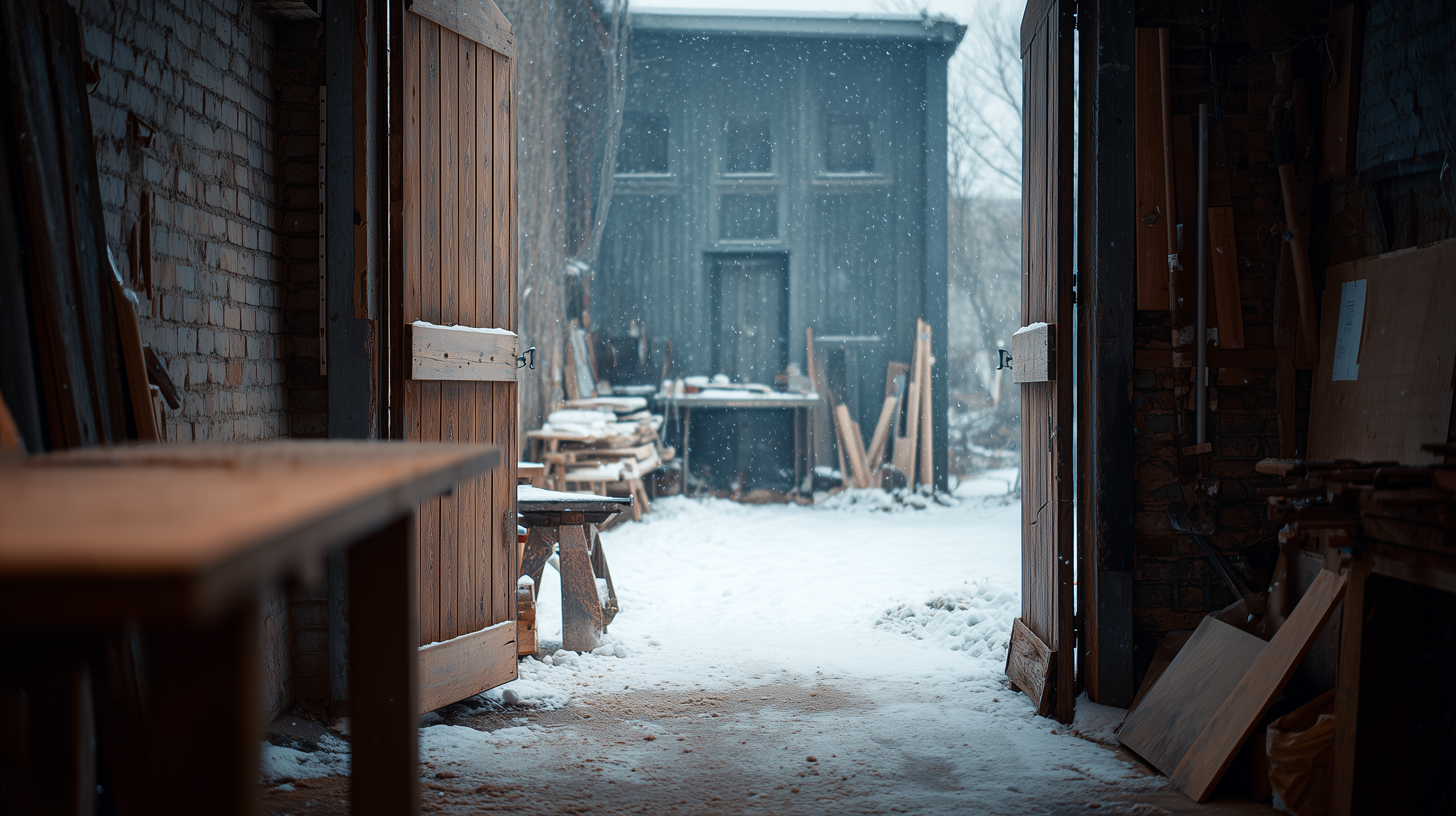 A snowy scene outside a wooden workshop, viewed from inside with open doors. Wood planks and tools are visible, and snow covers the ground and outdoor surfaces. A dark shed stands in the background.