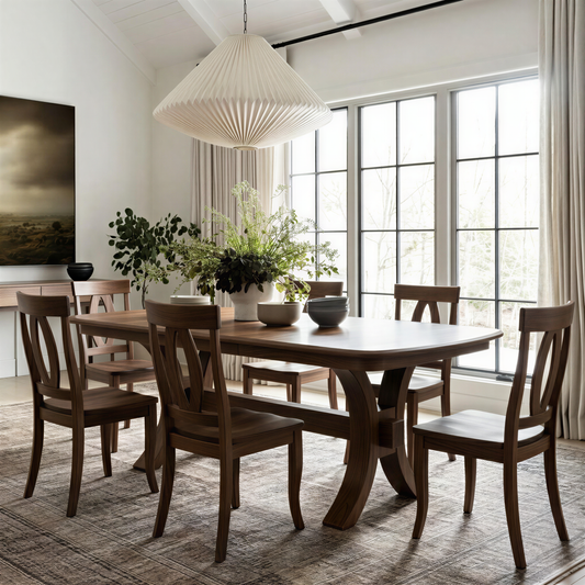 Dining room with wooden solid walnut handcrafted custom extendable uss made table and chairs, large window, and decorative plants