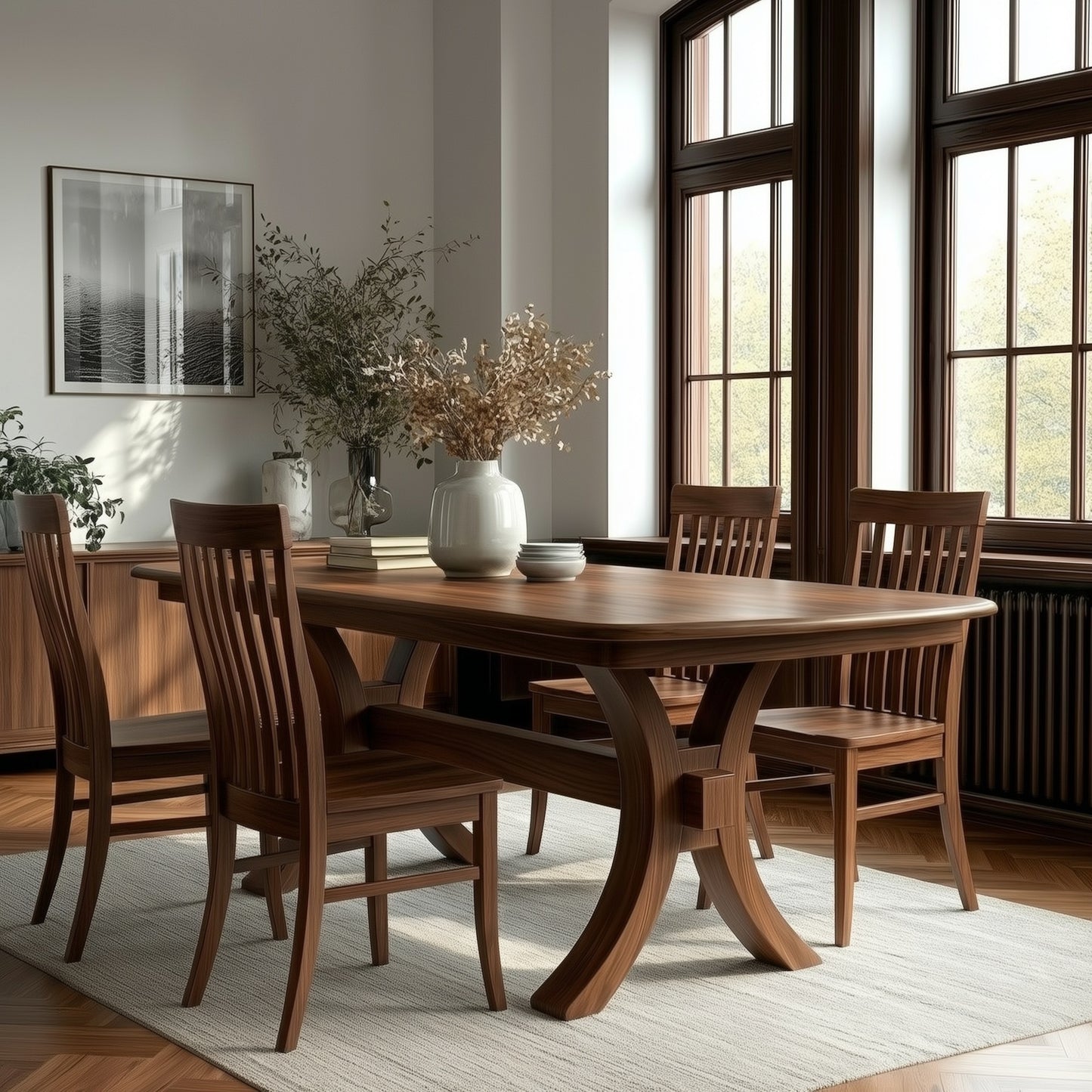 Zara Walnut table with matching walnut chairs solid wood handcrafted bench built in usa, white rug, dark wood window frames. modern feel